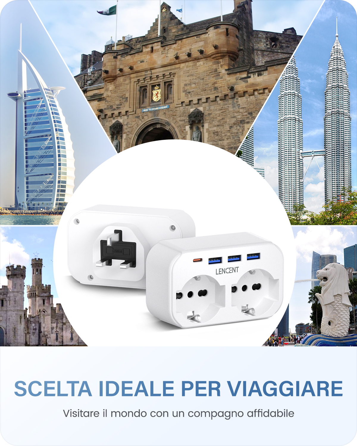 LENCENT Adattatore Da Viaggio Tipo G 7-in-1 – 1 Schuko, 2 Prese IT, 4 USB (15W) Per UK, Irlanda, Dubai E Oltre