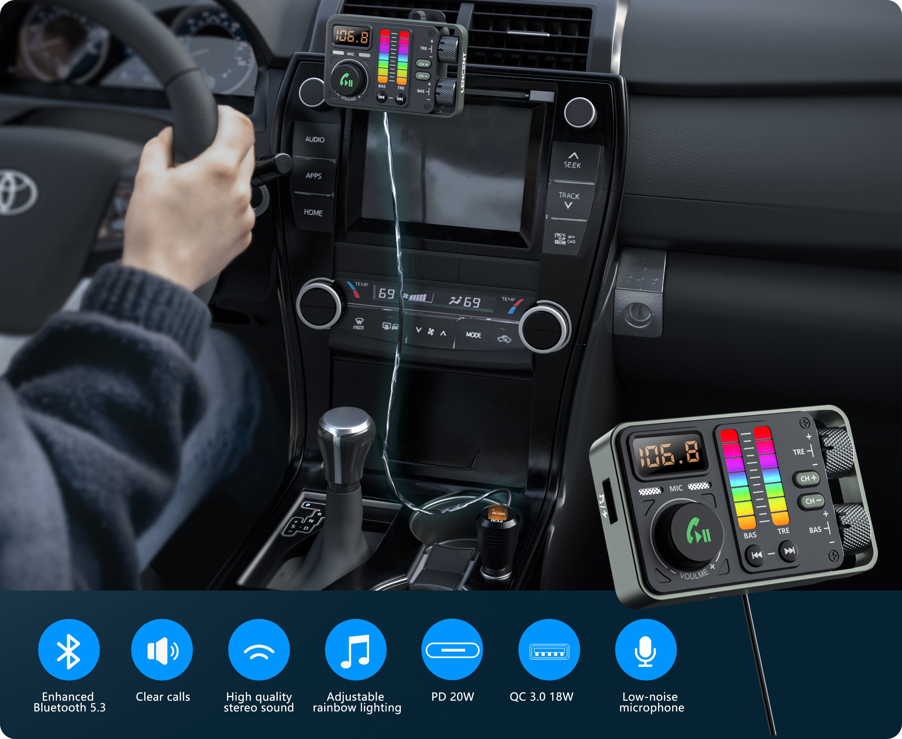 Trasmettitore FM Bluetooth 5.3 LENCENT Per Auto – Ricarica Rapida 38W, Controllo Bassi/alti, Vivavoce E Assistente Vocale